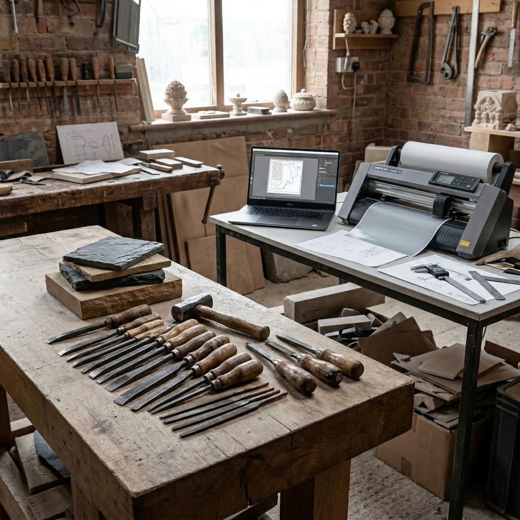 Stonemasons workshop with tools and a laptop on a table.